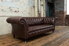  HANDMADE 3 SEATER VINTAGE DARK BROWN ANILINE LEATHER CHESTERFIELD SOFA, SETTEE