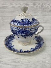 Lomonosov Russian Imperial Porcelain Blue, White & Gold Cup, Lid & Saucer. PW