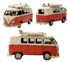 1966 tin plate model Kombi Camper Van in red and white with surfboards
