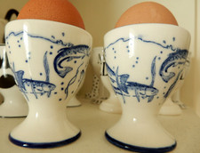Quail Ceramic Egg Cups Pair SALMON FISH FLY 6.5cm Med & Large Eggs Decorative