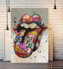 Rolling Stones Tongue Lips with a Graffiti design Canvas print poster artwork