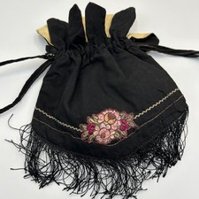 Antique/ Vintage drawstring Bag with floral silk floss appliqué silk fringe