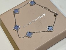 QVC 925 Sterling Silver & Simulated Blue Chalcedony & Diamonique Clover Bracelet