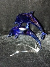 Blue Glass Flying Dolphins Figurine Blown Sculpture Art Glass Dolphins Decor