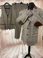 Marc Darcy DX7 3 Piece Tweed Suit Tan 52” 54” Jacket W46 Velvet Elbow Wedding