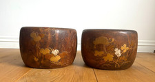 Antique Japanese Pair Wooden Hibachi Planters Jardiniere Carved & Lacquered