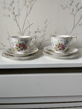 Queen Anne/ Bell Fine Bone China Old Country Spray Trio Set For Two Floral 1950s