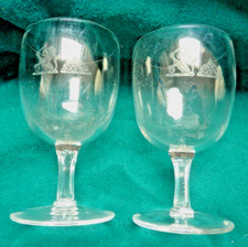Pr Antique Scottish Masonic Drinking Stemmed Glasses Port? Lion Sun Arm Pointing