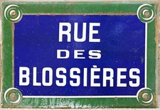 Big old blue French enamel street sign plaque Rue Blossières flower beds Orleans