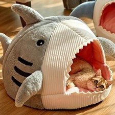 Shark Design Pet Bed For Dogs Cats For Sleeping Cosy Snug Soft Igloo Grey Medium
