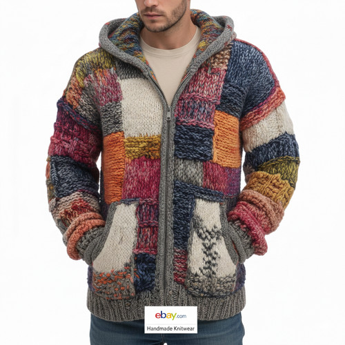 Men boho patchwork knitted - patchwork,
