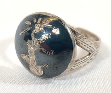 Siam Hematite Niello Ring Vintage God Goddess Black Dome Gem Silver Tone Asian