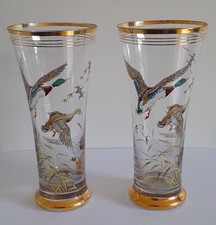 Pair of Glass Tumblers Vases with Ducks, Geese & Mallard, possibly Villeroy Boch