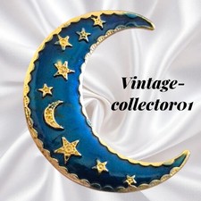 Modern Gold Tone Enamel Cobalt Blue Crescent Moon Stars Celestial BROOCH BN