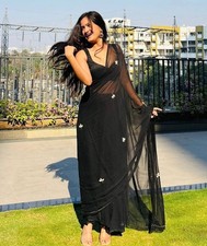 Soft georgette silk saree indian bollywood party wear designer women black sari