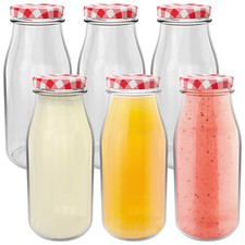 HEFTMAN Glass Milk Bottles Gingham Lids 250ml Set of 6 Airtight Juice Glasses