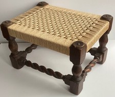 Antique Solid Oak Arts and Crafts Barley Twist Stool with Re-woven Rush Seat