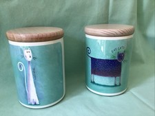 2 Portmeirion Rob Scotton Storage Jars Wooden Lids Posh Cats & Shy Cats 14cm VGC