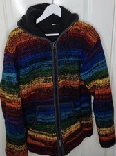 Hand crafted 100% wool jacket Nepal rainbow knit fleece size L men womens unisex