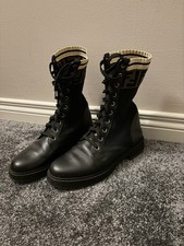 Fendi - Black zucca knit leather lace-up boots - size UK 4