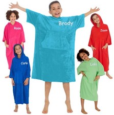Personalised Kids Hooded Poncho Towelling Robe 100% Cotton Swimming Beach Towel.