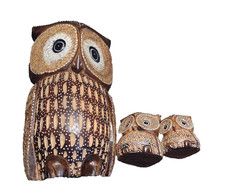 Set Of Three Carved Wood Owls
