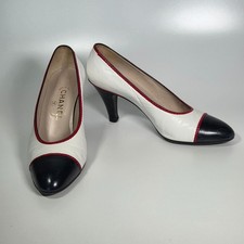 Vintage CHANEL Classic Cap Toe Pump 7-1/2 White & Navy with Red Braid Trim