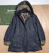 Woman's Barbour Beadnell Wax Waterproof  Jacket Navy Size 14 With Hood Tartan 