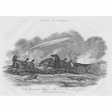BATTLE OF WATERLOO Horse Drawn Ammunition Wagon Takes Flight Antique Print 1823