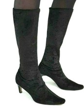 Knee High Velvet Boots Black 40.5 UK 7.5 Pull On Stretch Fit 3.5" Stiletto Heel