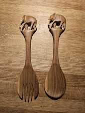 Vintage Hand Carved African Elephant Wooden Salad Serving Spoon Set 12in / 30cm