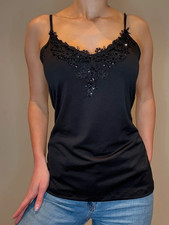 Black Y2K Floral Embroidered Cami Top with Sequins – George – Size M – Vintage