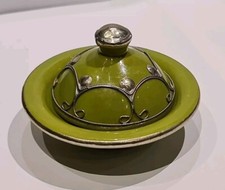 Vintage Ceramic Light Green Cookware Serving Pot and Lid with Metal Ornaments 