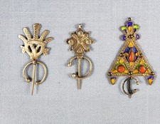 Lot 3 silver Berber Moroccan Fibula Kabyle brooch pins enamel corals