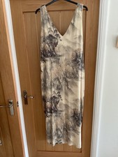 Ladies Next Brown Scenic Print Linen Blend V-Neck Midi Dress Size 16 Tall
