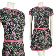 VTG 60S BLACK PINK PURPLE WHITE MOD GOGO FLORAL GEOMETRIC DROP WAIST DRESS 4 6