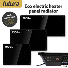 Futura Electric Glass Panel Radiator Heater Wall Mounted Timer Thermostat Black