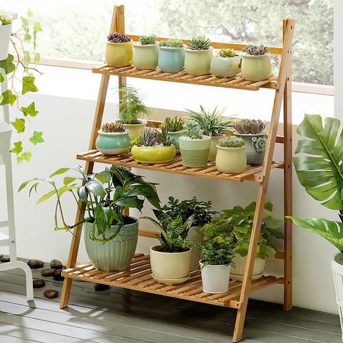 Foldable tier wooden ladder - wooden,