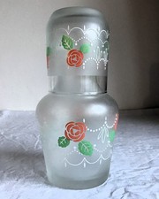 Avon Bedside Water Frosted Carafe Jug and Drinking Glass Set Rose Design.