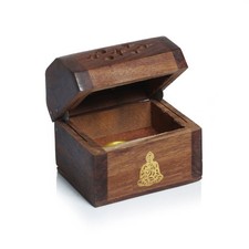 Handmade Wooden Incense Cone Holder – Brass Buddha Inlay Burner for Meditation