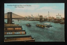 1910s Brooklyn Bridge and New York Skyline Old Wharves Barges Tugs NYC NY PC