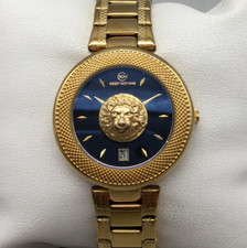 Keep Moving WatchMens 36mm Gold Tone Blue Dial Date Lions Head New Battery 8"