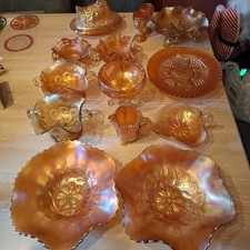 Large Carnival Marigold Amber Glass Collection Bowls Jugs Chicken And Goblets