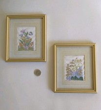 Pair Of Miniature Gold Framed Floral Cotton /Wool Embroidery Artwork H17 W15 cm