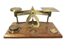 Antique Postal Scales On Wooden Base With Weights