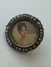 Antique Victorian Lithograph Lady Portrait Button Badge With Pearls