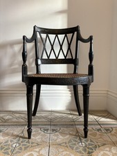 Ebonised and Gilt Painted Regency Open Arm Elbow Chair, Cane Seat C1820 John Gee