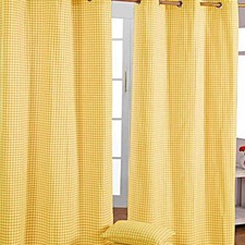 Yellow Gingham Eyelet Curtains Pair 117x137cm 100% Cotton Check Pattern