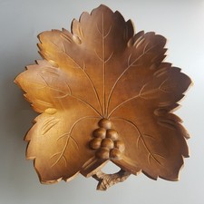 Antique Swiss Alps wooden bowl musical box Mozart hand carving grape leaf 21cm