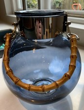 Glass Blue FISH Bowl Bamboo Tropical Boho  Candle Holder Outdoor  Home Large